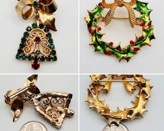 Holiday costume jewelry brooches – a vintage gold tone ribbon with filigree bell, adorned with red and green rhinestones; and an enameled gold tone wreath with bow