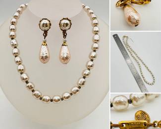 Vintage signed Miriam Haskell necklace and clip earrings set, glass beads in the style of baroque pearls