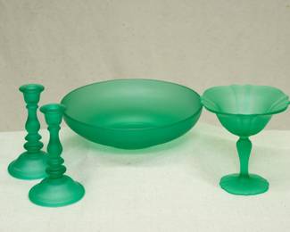 Vintage Tiffin-Franciscan Emerald Green Frosted uranium glass candlesticks, large bowl, and a #310 round compote