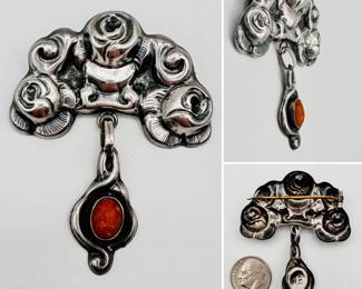 Lovely antique Art Nouveau silver roses brooch, stamped silver 839, likely Scandinavian.