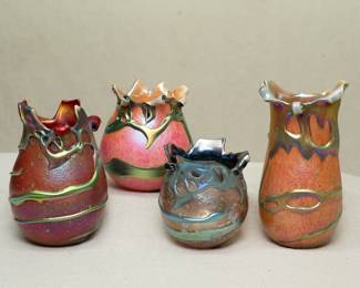 Some of the collection of art glass vases by the American master glass artist Charles Lotton (Illinois, 1935-2021). Shown here: Pieces from his Lava Cypriot designs.