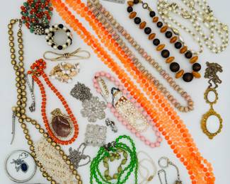 Hundreds of gorgeous antique and vintage beaded necklaces in glass, stone, lucite, faux pearls, and more items such as the bracelets, earrings, keychain and brooches shown here...