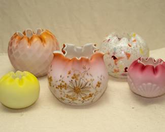 Vintage and antique art glass crimped edge rose bowls including a vintage Consolidated Glass Co. red/pink cased satin glass "Shell & Seaweed" rose bowl, a Pairpoint Mt Washington peach color diamond quilted MOP cased satin glass rose bowl vase, an antique Pairpoint Mt Washington art glass hand painted cased peach satin crimped top rose bowl with floral design.