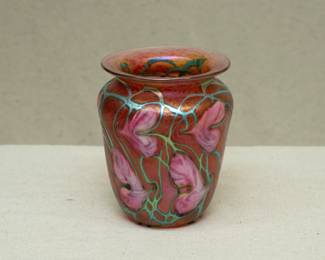 A John Lotton Pink Hearts floral design art glass vase, signed John Lotton 1992