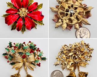 Holiday jewelry - an ART poinsettia brooch, enameled and with rhinestones; a WEISS gold tone metal pin with enameled holly leaves and berries, tied ribbon and two pendant bells