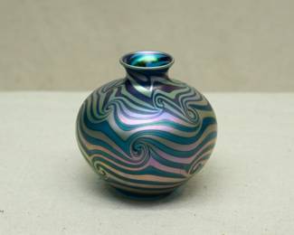 A Charles Lotton iridescent art glass vase, 'King Tut' pattern/design in blues, greens, and gold. Signed and dated 1988.