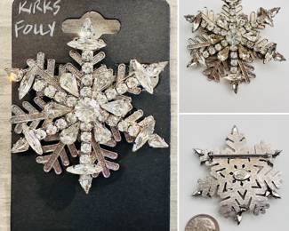A Kirk's Folly snowflake brooch, silver tone metal and rhinestones