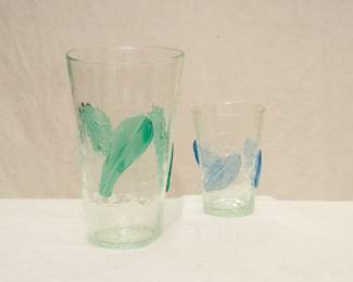 MCM vintage Blenko crystal glass beaker form vases with applied colored leaves