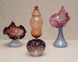 A cased glass Jack-in-the-pulpit form vase, opalescent white base reversing out into a ruffled and textured gold and oxblood floral form; vintage Italian art glass Empoli Glass swirled optic apothecary glass jar, a Fenton glass Jack-in-pulpit blue to purple vase