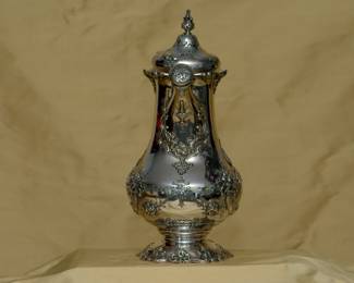 Another view of sterling silver Reed & Barton Francis I martini shaker #RS309, date stamp for 1952, hand engraved with "January 20th 1959 N.O.L.A."