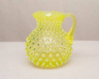 A 19th century Hobbs, Brockunier & Company dew drop or hobnail opalescent vaseline glass / uranium glass pitcher