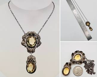 Necklace with filigree sterling silver and yellow quartz / citrine pendant on delicate link chain