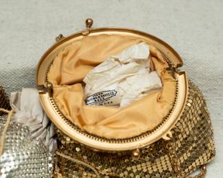 Closeup of one of the three vintage Whiting and Davis metallic mesh handbags - likely 1940s/1950s