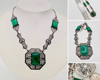 Stunning Art Deco sterling silver and green stone necklace