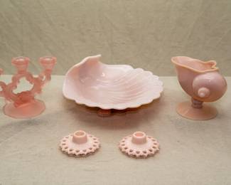 Antique Cambridge Glass pink frosted satin glass 3-light Keyhole candlestick, vintage Cambridge Glass 'Seashell Crown Tuscan' milk glass footed bowl, a Cambridge Glass footed pale pink Tuscan Crown nautilus shell bowl or vase, and a pair of Fostoria 'Arlington' pattern pink milk glass candlestick holders