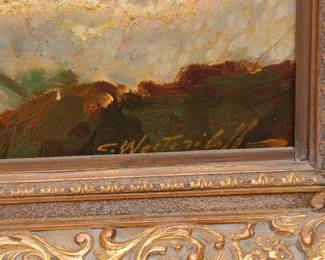 Closeup of signature on the framed seascape oil painting by artist Constantin Westchiloff (Russian-American, 1878–1945).