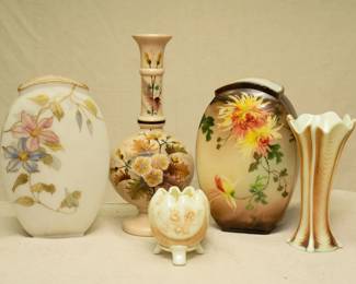 Antique Mt Washington art glass enameled vase, flattened ovoid form in opaque white glass with enameled floral design and raised gilt outlines, circa 1900; a second antique Mt Washington art glass enameled vase, flattened ovoid form in opaque white glass with enameled chrysanthemums on a graduated pale brown ground, and a vintage Northwood custard glass with nutmeg stain drapery bud vase, and a Northwood Glass 'Fine Cut & Roses' footed rose bowl with Nutmeg stain.