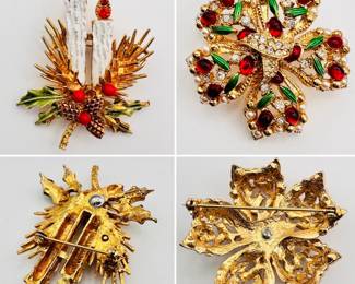 Holiday costume jewelry to brighten winter days and nights! An ART brooch, enameled with rhinestones and beads, forming two lit candles and holiday greenery; and a glamorous flower shaped gold tone and enameled brooch with red glass beads and rhinestones