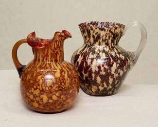 Art glass pitchers, gold flecked Adventurine glass in marbled/streaked colors, possibly Hobbs, Brockunier & Co.