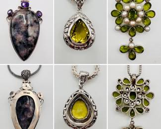 A Kiwi Jasper and amethyst sterling silver pendant and chain necklace, a sterling silver "teardop" lemon quartz/citrine pendant necklace, and a handcrafted sterling silver, peridot and pearl pendant necklace - the pendant can also be worn as a brooch.