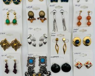 Vintage costume jewelry earrings from Florenza, Monet, Charel, Napier, Dubin, Crown Trifari, Robert Rose, Swarovski; some made in West Germany, some are 12k or 14k gold filled