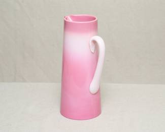 Another view of the graceful late 19th century shiny peach blow / wild rose glass pitcher, possibly Mt. Washington or New England Glass Company