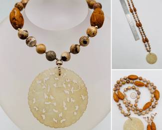 Beaded necklace with large circular carved jade pendant, matching clip earrings