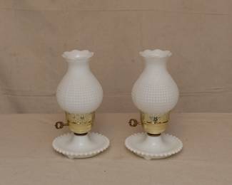 Pair of vintage hobnail white milk glass lamps