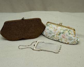 Three vintage / antique clutch purses, including a 1920s Whiting & Davis Co metal mesh "flappers" purse