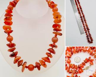Necklace of polish carnelian beads with a 14k gold clasp