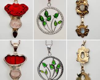 A sterling silver pendant necklace with a carved Chinese cinnabar plaque above agate/quartz cabochon stones, a sterling silver and green stone pendant necklace marked 925, and a vintage sterling silver pendant necklace, Arts and Crafts style with high cabochon moonstones, bezel set with twisted wire gallery, applied raindrop beads and decorative leaves.
