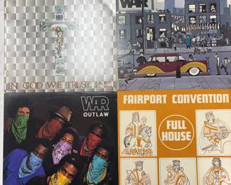 Vintage record albums: The Dead Kennedys – In God We Trust, Inc., War – The World is a Ghetto, War – Outlaw, Fairport Convention – Full House