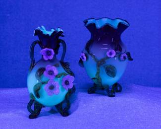 Under black light: Charming pair of 19th century hand blown cased uranium glass peachblow art glass vases with applied clear 'rigaree' glass leaves and feet, with opaque glass blossoms, the ruffled crimped mouths showing the interior white glass. Possible Williams & Stevens or Harrach.