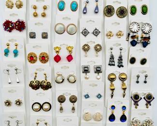 More fabulous vintage costume jewelry earrings – clips and posts – Faux Pearl, rhinestones, aurora borealis crystal, metal, glass; from dangles to buttons to hoop styles, statement earrings to subtle sparklers