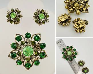 A Weiss earrings and brooch set in vivid green