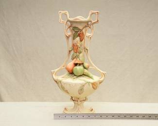 Antique Royal Dux pottery twin handled Art Nouveau vase with delicately modeled fruits and leaves