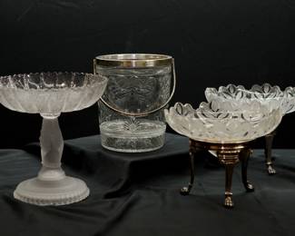 Antique late 19th century Hobbs Brockunier compote frosted & clear EAPG w/ hand stem, an antique American brilliant-cut and etched glass & silver plated handle ice bucket with strainer insert, and a pair of cut frosted to clear glass frosted to clear on silver stands