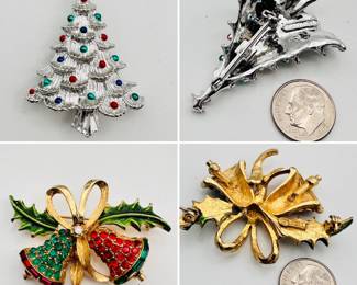 A PELL holiday brooch with dimensional gold ribbon, enameled holly heaves, and rhinestone bells; and a Christmas tree pin in silver tone metal with multi color enameled ornaments