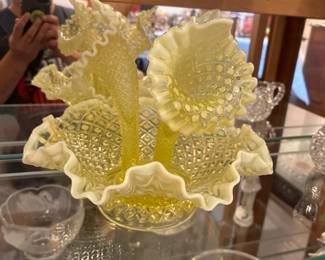 The belle of the ball! Fenton Diamond Opal/Vaseline glass 3 horn piece