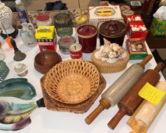 Vintage rolling-pins, glass and wood