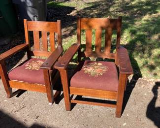arts and crafts rocker and armchair. The armchair was made by Oakcraft ca 1915. Quality piece with real thru tenons. Rocker is unsigned, most likely Grand Rapids.