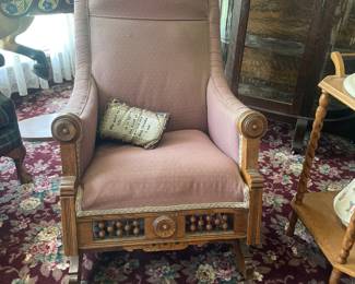 Antique Vintage Platform Rocker Wood with Fabric Upholstery 