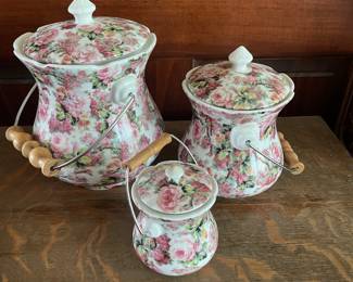 Limoges China Kitchen Canister Pink Rose with Wood Handle - 3 Piece Set -
