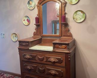 Antique Victorian Marble Top Five Drawer Chest with Mirror & Carved Pulls