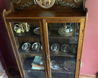 Antique Oak Double Glass Door Display Bookcase with Decorative Top Mirror