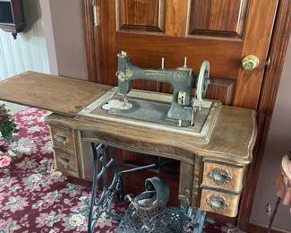 Antique White Rotary Treadle Sewing Machine in Original Wood Cabinet
