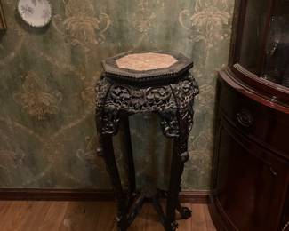 Vintage Chinese Style Carved Wood Plant Stand with Marble