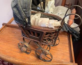 Antique Victorian Vintage Baby Doll Pram Stroller Carriage Buggy Rattan Iron
