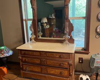Antique Victorian Walnut Dresser with Marble Top and Mirror
