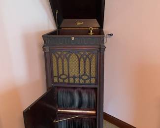 Antique Vintage Edison Phonograph Record Player Cabinet - Includes Records - In Working Condition -